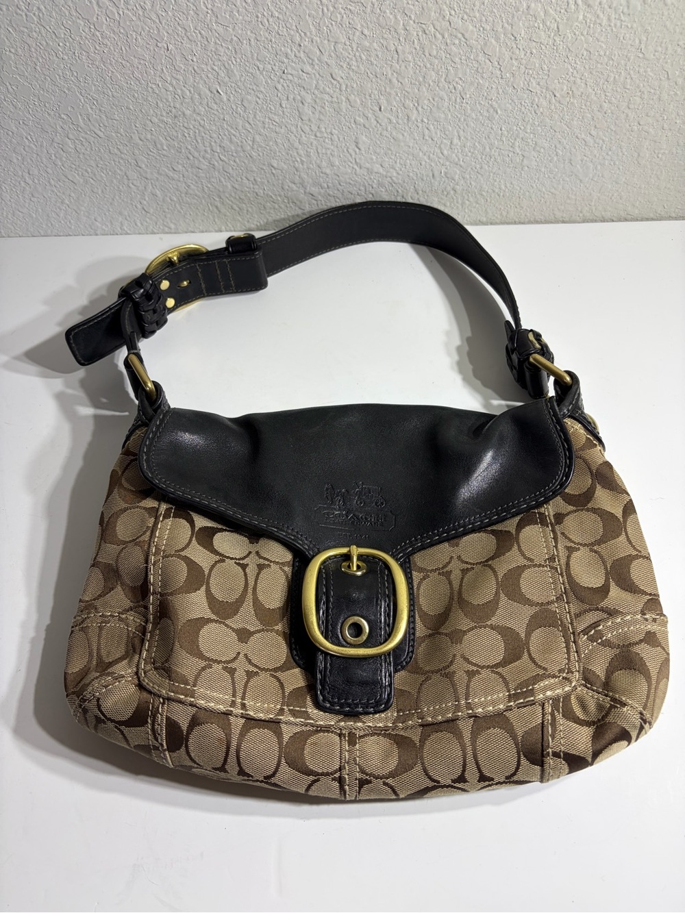 Vintage Coach Bleecker Signature Canvas Shoulder Bag with Brown Leather